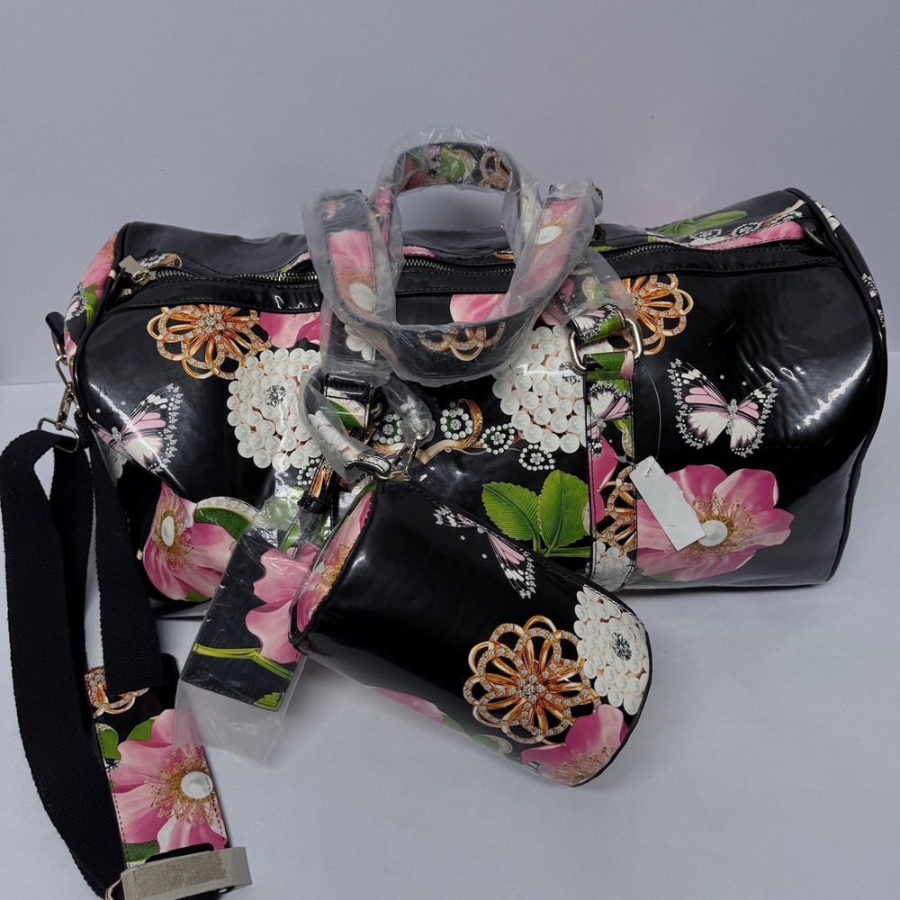 Citi Trends Black Floral Butterfly Patent Duffel Bag Set  Weekender New 20in